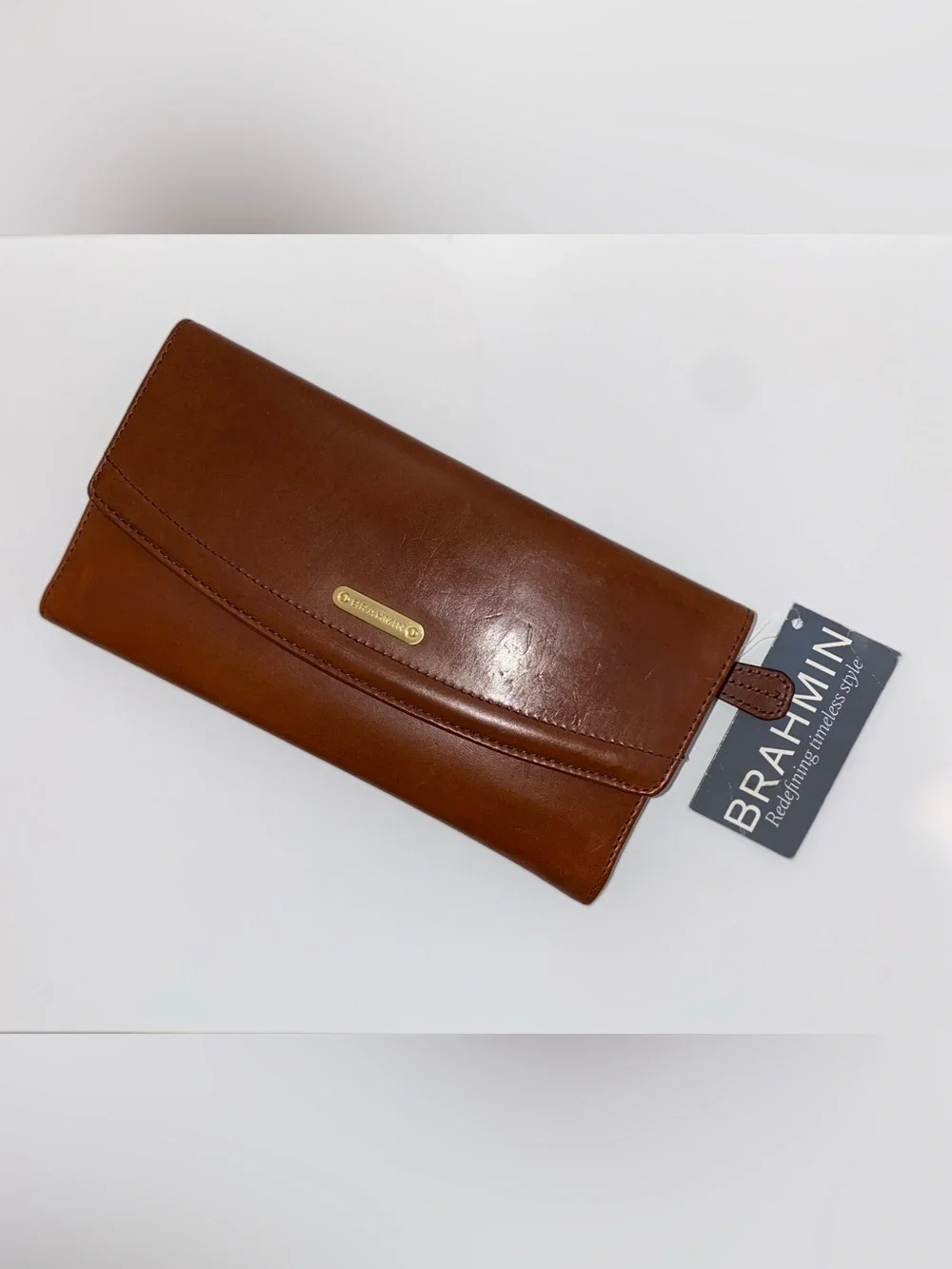 NWT Brahmin Cognac Brown Leather Foldover Wallet with Gold Accent Plaque